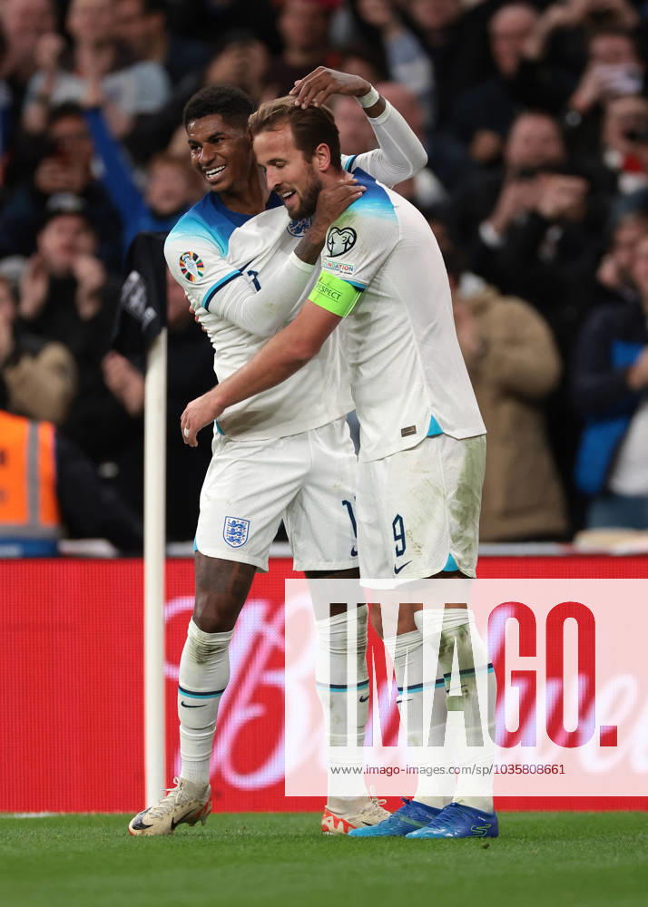London, England, 17th October 2023. Harry Kane of England celebrates with team mate Marcus Rashford after scoring to give the side a 3-1 lead the UEFA European Championship, EM, Europameisterschaft Qualifying match at Wembley Stadium, London. Picture credit should read: Jonathan Moscrop Sportimage . SPI-2650-0040