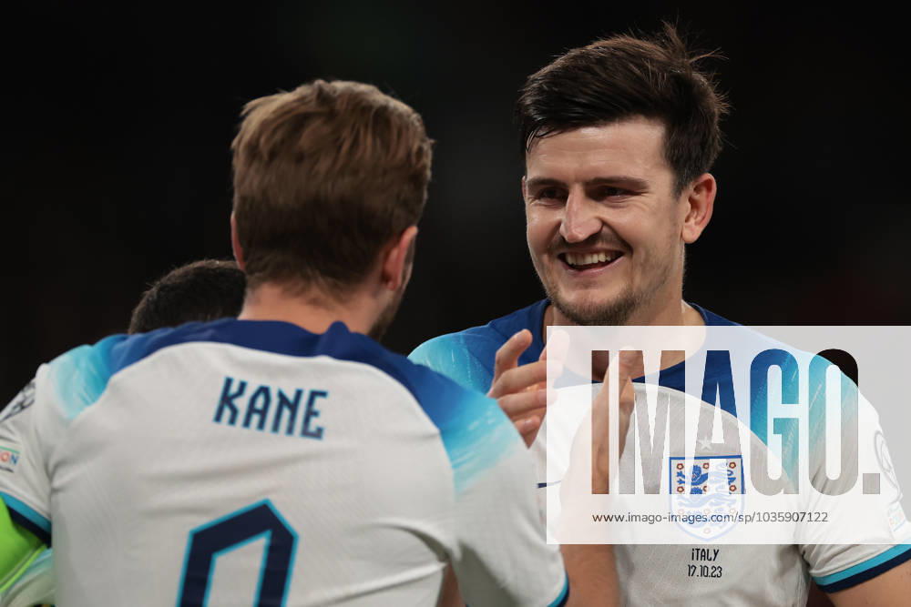 London, England, 17th October 2023. Harry Kane of England celebrates with team mate Harry Maguire after scoring a first half penalty to level the game at 1-1 during the UEFA European Championship, EM, Europameisterschaft Qualifying match at Wembley Stadium, London. Picture credit should read: Jonathan Moscrop Sportimage . SPI-2650-0123
