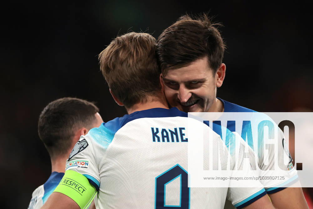 London, England, 17th October 2023. Harry Kane of England celebrates with team mate Harry Maguire after scoring a first half penalty to level the game at 1-1 during the UEFA European Championship, EM, Europameisterschaft Qualifying match at Wembley Stadium, London. Picture credit should read: Jonathan Moscrop Sportimage . SPI-2650-0125