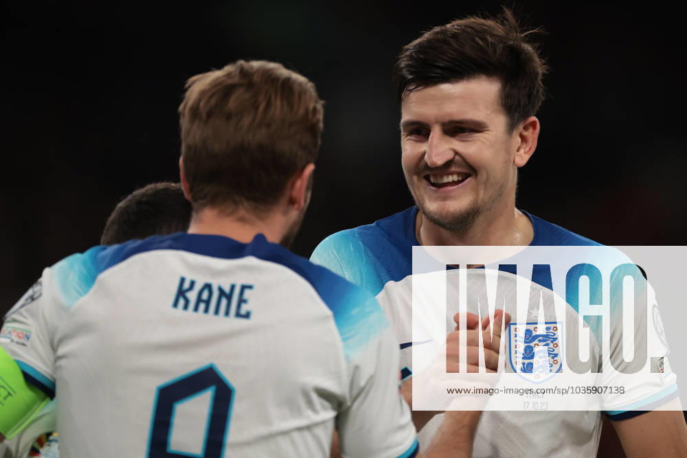 London, England, 17th October 2023. Harry Kane of England celebrates with team mate Harry Maguire after scoring a first half penalty to level the game at 1-1 during the UEFA European Championship, EM, Europameisterschaft Qualifying match at Wembley Stadium, London. Picture credit should read: Jonathan Moscrop Sportimage . SPI-2650-0139