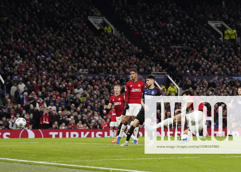 Manchester, England, 24th October 2023. Harry Maguire of Manchester United, ManU scores the first goal during the UEFA Champions League match at Old Trafford, Manchester. Picture credit should read: Andrew Yates Sportimage . SPI-2672-0080