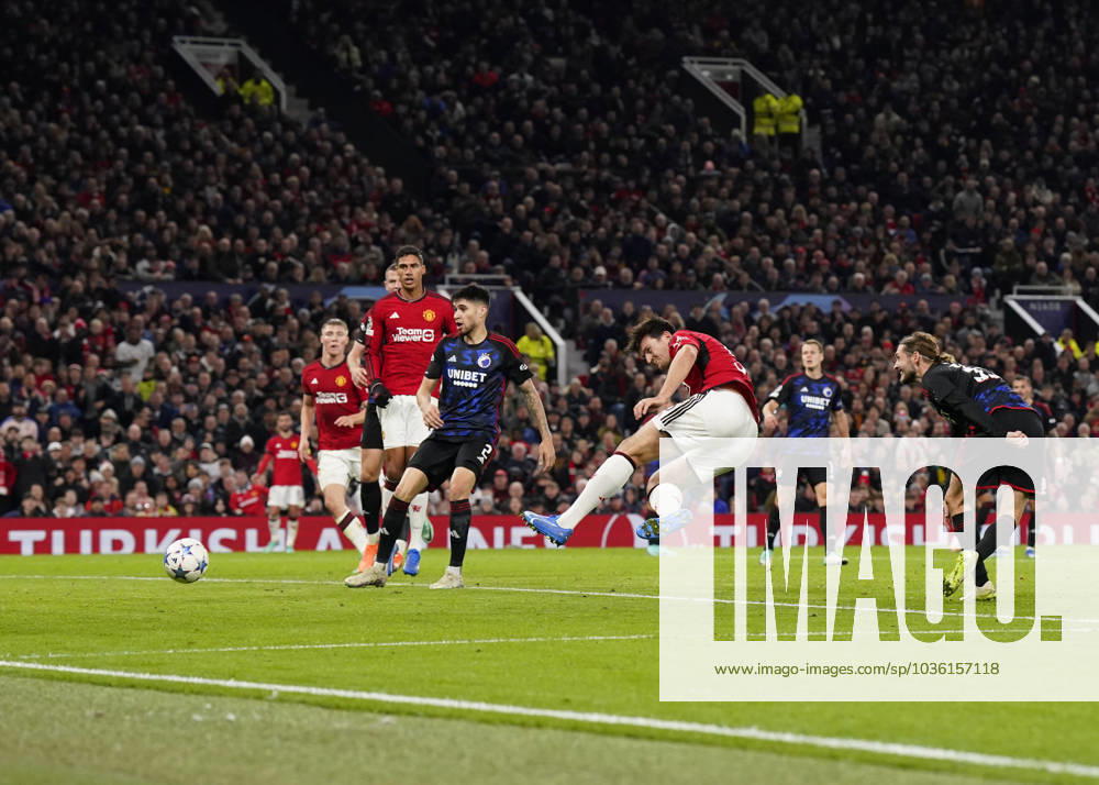 Manchester, England, 24th October 2023. Harry Maguire of Manchester United, ManU scores the first goal during the UEFA Champions League match at Old Trafford, Manchester. Picture credit should read: Andrew Yates Sportimage . SPI-2672-0082