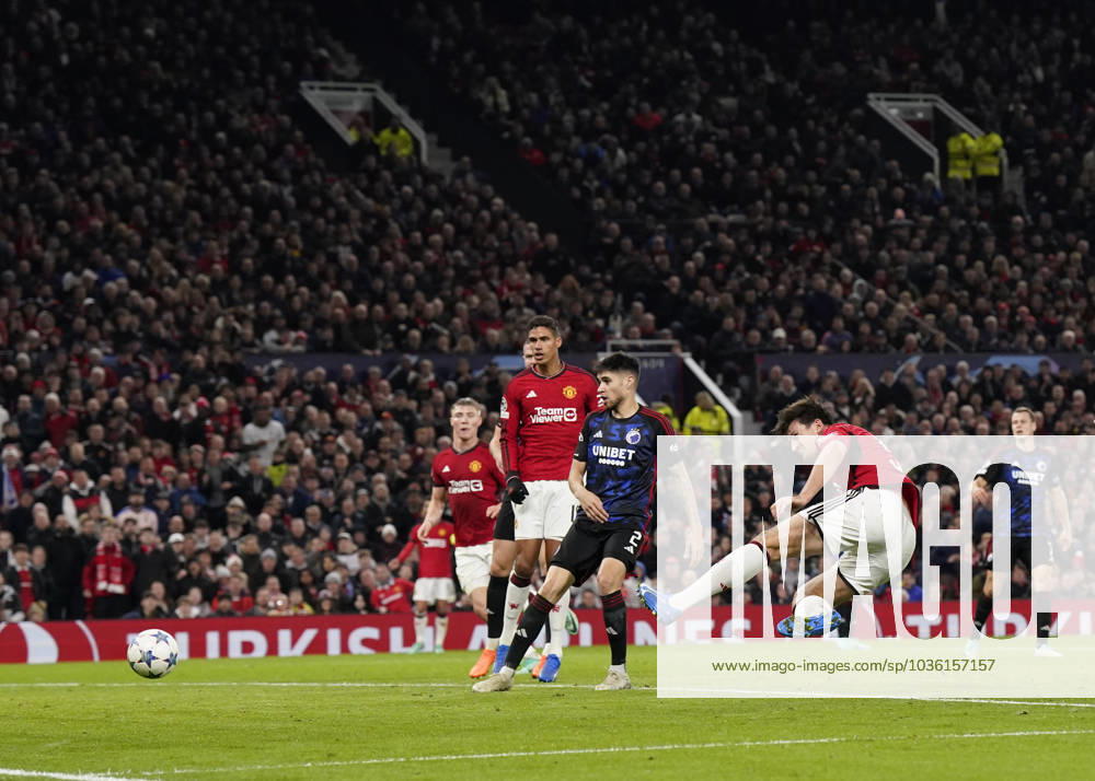 Manchester, England, 24th October 2023. Harry Maguire of Manchester United, ManU scores the first goal during the UEFA Champions League match at Old Trafford, Manchester. Picture credit should read: Andrew Yates Sportimage . SPI-2672-0083