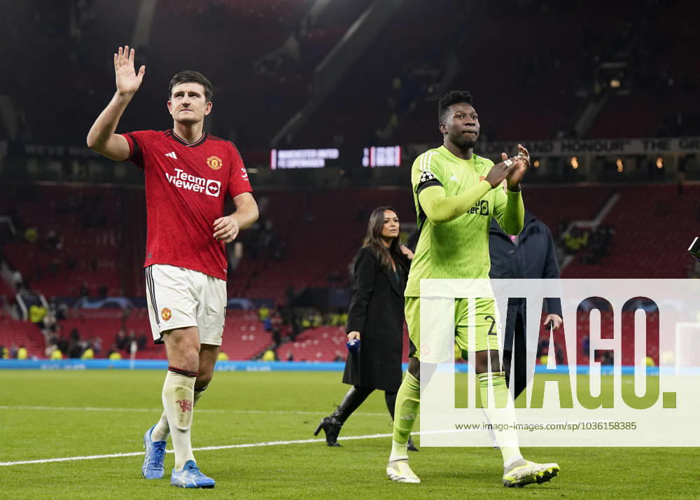 Manchester, England, 24th October 2023. Harry Maguire of Manchester United, ManU and AndrÃ Onana of Manchester United take the acclaim during the UEFA Champions League match at Old Trafford, Manchester. Picture credit should read: Andrew Yates Sportimage . SPI-2672-0097