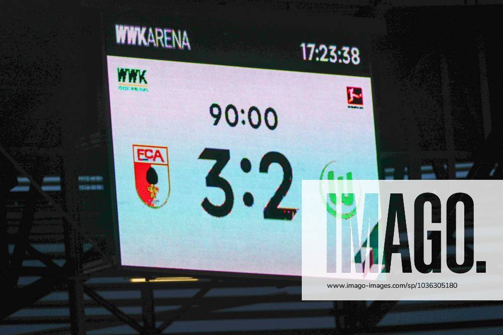 Final score on the scoreboard, 3 2, FC Augsburg vs VfL Wolfsburg, football, 1 Bundesliga, 9 Spieltag, 28 10 2023 DFB regulations prohibit any use of photographs as image sequences and or quasi video Augsburg Bayern Deutschland
