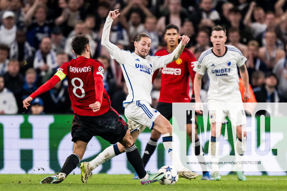 Bruno Fernandes of Manchester United and Rasmus Falk of FC Copenhagen during the UEFA Champions League football match between FC Copenhagen and Manchester United on November 8, 2023 in Copenhagen Photo Petter Arvidson BILDBYRAN kod PA PA0685 fotboll soccer fotball champions league fc copenhagen manchester united bbeng