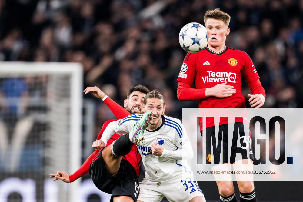 Bruno Fernandes of Manchester United and Rasmus Falk of FC Copenhagen and Scott McTominay of Manchester United during the UEFA Champions League football match between FC Copenhagen and Manchester United on November 8, 2023 in Copenhagen Photo Petter Arvidson BILDBYRAN kod PA PA0685 fotboll football soccer fotball champions league fc copenhagen manchester united bbeng