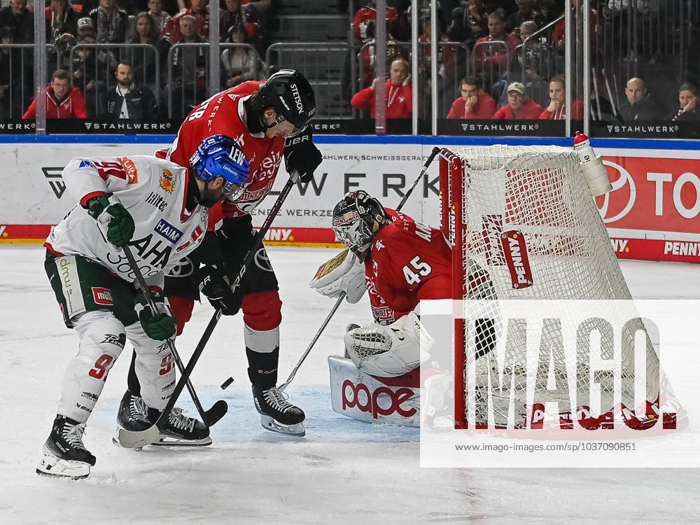 Scramble in front of the goal by Tobias Ancicka Koelner Haie, 45 between Simon Sezemsky Augsburger Panther, 93 and Andrej Sustr Koelner Haie, 29 Koelner Haie vs Augsburger Panther, Ice Hockey, Penny DEL, Matchday 20, Season 2023 2024, 19 11 2023 Koelner Haie vs Augsburger Panther, Ice Hockey, Penny DEL, Matchday 20, Season 2023 2024, 19 11 2023 Koeln