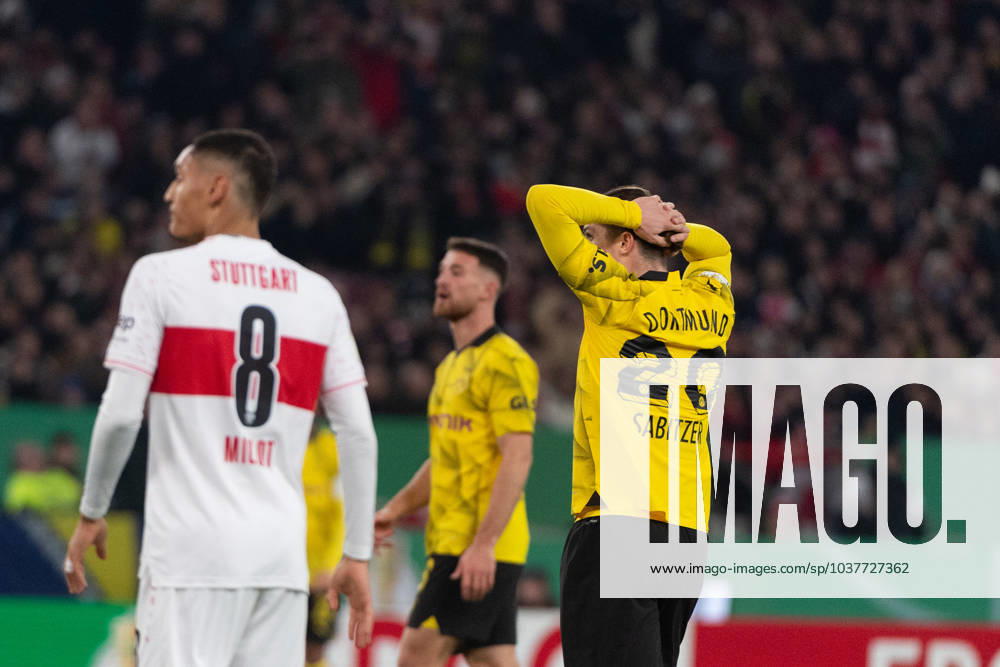 Marcel Sabitzer Borussia Dortmund, 20 after a scoring chance, VfB Stuttgart vs Borussia Dortmund, Football, Men, DFB Cup, Round of 16, Season 23 24, GER, 06 12 2023, DFL DFB REGULATES PROHIBIT ANY USE OF PHOTOGRAPHS AS IMAGE SEQUENCES AND OR QUASI VIDEO, VfB Stuttgart vs Borussia Dortmund, Football, Men, DFB Cup, Round of 16, Season 23 24, GER, 06 12 2023 Stuttgart