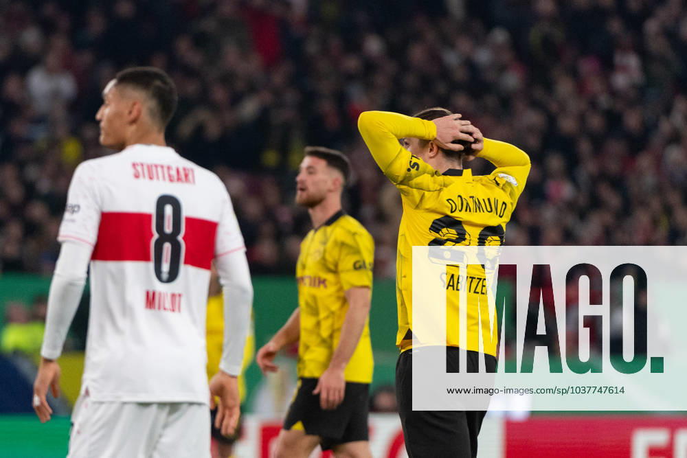 Marcel Sabitzer Borussia Dortmund, 20 after a scoring chance, VfB Stuttgart vs Borussia Dortmund, Football, Men, DFB Cup, Round of 16, Season 23 24, GER, 06 12 2023, DFL DFB REGULATES PROHIBIT ANY USE OF PHOTOGRAPHS AS IMAGE SEQUENCES AND OR QUASI VIDEO, VfB Stuttgart vs Borussia Dortmund, Football, Men, DFB Cup, Round of 16, Season 23 24, GER, 06 12 2023 Stuttgart