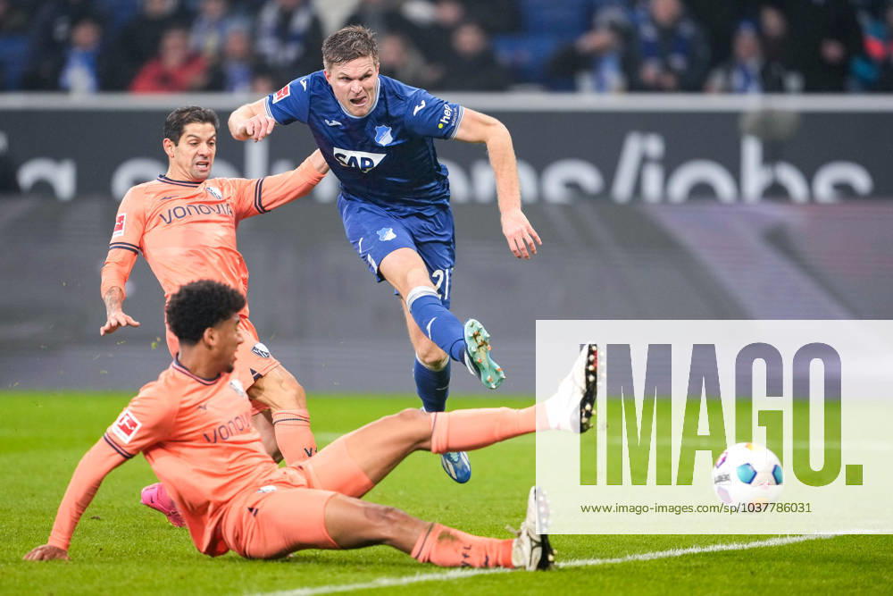 From left Bernardo Fernandes da Silva Junior BOC, 5 , Christian Esteban Gamboa Luna BOC, 2 , Marius Bülter Hoffenheim, 21 , shot on goal, goal chance, duel, duel, tackle, tackling, dynamics, action, action, in penalty area, penalty area scene, 08 12 2023, Sinsheim Germany , Football, Bundesliga, TSG 1899 Hoffenheim VfL Bochum, DFB DFL REGULATIONS PROHIBIT ANY USE OF PHOTOGRAPHS AS IMAGE SEQUENCES AND OR QUASI VIDEO