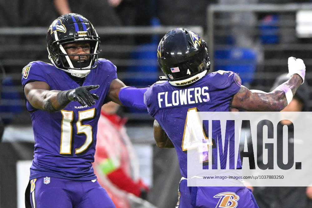 Baltimore Ravens wide receiver Zay Flowers (4) celebrates with teammate Nelson Agholor (15) after a 21-yard touchdown against the Los Angeles Rams during the second half at M&T Bank Stadium in Baltimore, Maryland, on Sunday, December 10, 2023. Baltimore won 37-31. BAL20231210127 DAVIDxTULIS