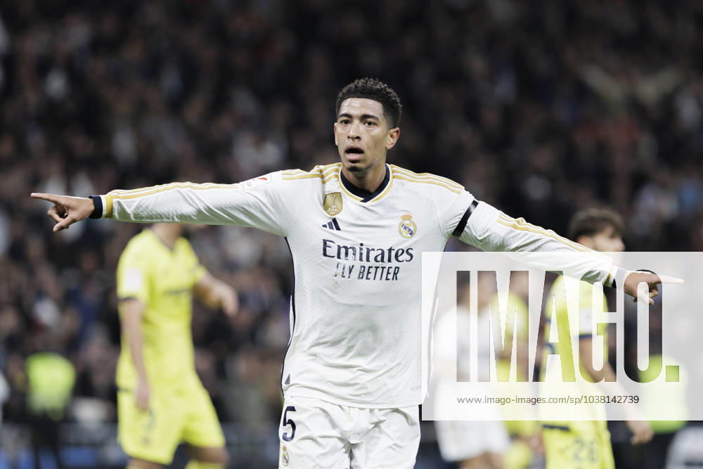 LA LIGA EA Sports - Real Madrid vs Villarreal Jude Bellingham of Real Madrid is celebrating a goal during the La Liga 2023 24 match between Real Madrid and Villarreal at Santiago Bernabeu Stadium in Madrid, Spain, on December 17, 2023. Madrid Spain