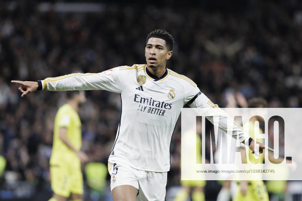 LA LIGA EA Sports - Real Madrid vs Villarreal Jude Bellingham of Real Madrid is celebrating a goal during the La Liga 2023 24 match between Real Madrid and Villarreal at Santiago Bernabeu Stadium in Madrid, Spain, on December 17, 2023. Madrid Spain
