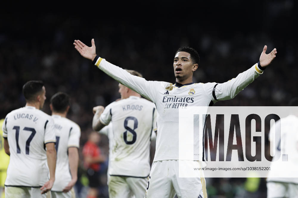 Real Madrid CF v Villarreal CF - LaLiga EA Sports Jude Bellingham of Real Madrid is celebrating a goal during the La Liga 2023 24 match between Real Madrid and Villarreal at Santiago Bernabeu Stadium in Madrid, Spain, on December 17. Madrid Spain