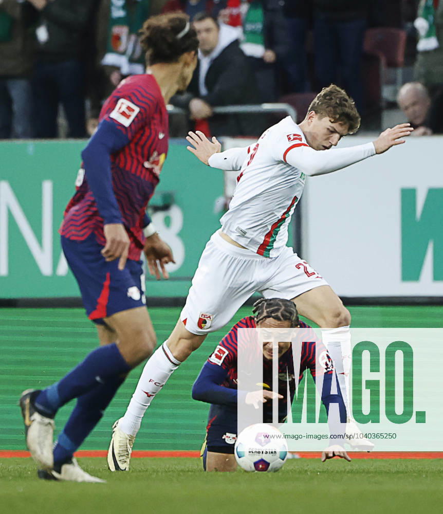 Soccer 1 Bundesliga, 21 Matchday FC Augsburg RB Leipzig, 2023 2024, in the WWK Arena Augsburg v li Yussuf Poulsen RB Leipzig , and Arne Engels FC Augsburg vs Xavi Simons RB Leipzig For journalistic purposes only Only for editorial use DFL regulations prohibit any use of photographs as image sequences and or quasi video
