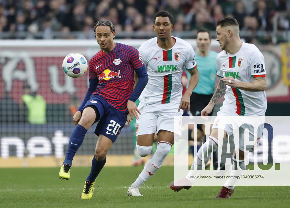 Soccer 1 Bundesliga, 21 Matchday FC Augsburg RB Leipzig, 2023 2024, at WWK Arena Augsburg v li Xavi Simons RB Leipzig vs Felix Uduokhai FC Augsburg and Jeffrey Gouweleeuw FC Augsburg For journalistic purposes only Only for editorial use DFL regulations prohibit any use of photographs as image sequences and or quasi video