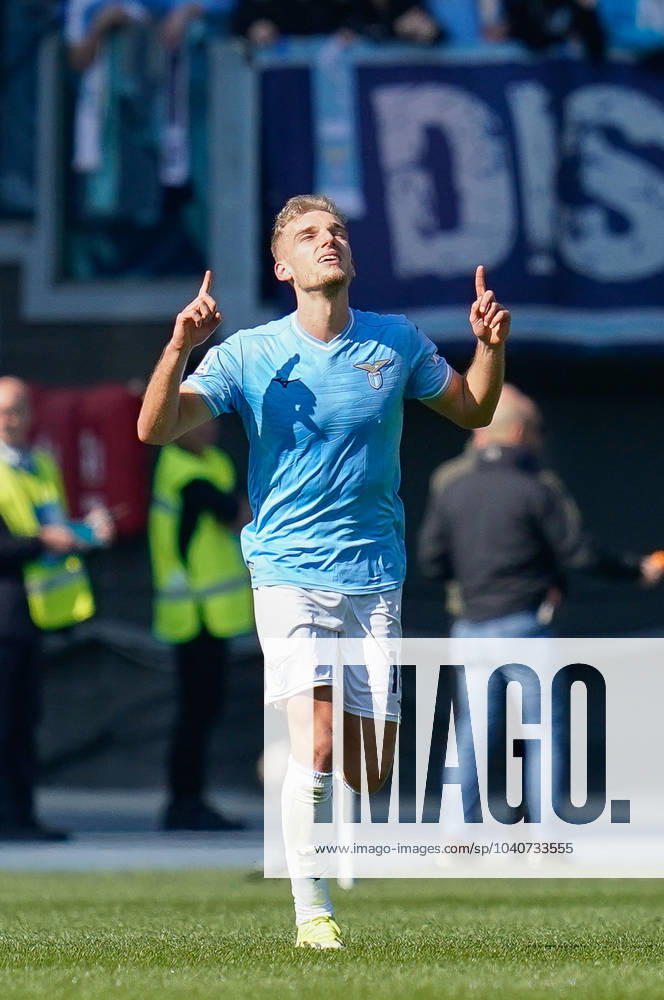 Gustav Isaksen of SS Lazio celebrates after scoring first goal during the Serie A match between SS Lazio and Bologna FC at Stadio Olimpico Rome Italy on 18 February 2024. Rome Stadio Olimpico Rome Italy