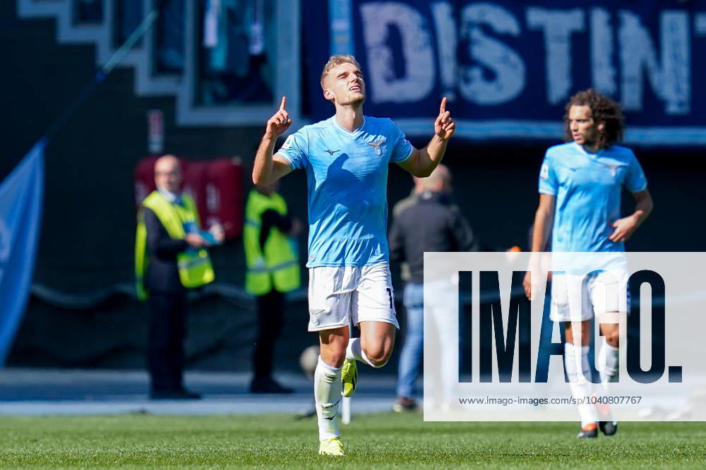 Gustav Isaksen of SS Lazio celebrates after scoring first goal during the Serie A match between SS Lazio and Bologna FC at Stadio Olimpico Rome Italy on 18 February 2024. Rome Stadio Olimpico Rome Italy