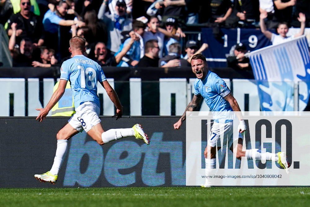 Gustav Isaksen of SS Lazio celebrates after scoring first goal during the Serie A match between SS Lazio and Bologna FC at Stadio Olimpico Rome Italy on 18 February 2024. Rome Stadio Olimpico Rome Italy
