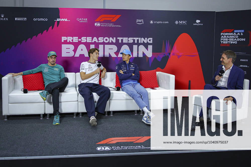 ALONSO Fernando spa , Aston Martin F1 Team AMR24, RUSSELL George gbr , Mercedes AMG F1 Team W15, ALBON Alexander tha , Williams Racing FW46, portrait, press conference during the Formula 1 Aramco pre season testing 2024 of the 2024 FIA Formula One World Championship from February 21 to 23, 2024 on the Bahrain International Circuit, in Sakhir, Bahrain Photo Eric Alonso DPPI F1 Pre season Testing in Bahrain at Bahrain International Circuit on February 22, 2024 in Sakhir, Bahrain Photo by HOCH ZWEI Sakhir Sakhir Bahrain Bahrain