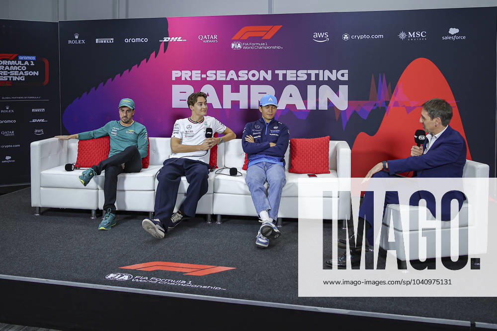 ALONSO Fernando spa , Aston Martin F1 Team AMR24, RUSSELL George gbr , Mercedes AMG F1 Team W15, ALBON Alexander tha , Williams Racing FW46, portrait, press conference during the Formula 1 Aramco pre season testing 2024 of the 2024 FIA Formula One World Championship from February 21 to 23, 2024 on the Bahrain International Circuit, in Sakhir, Bahrain Photo Eric Alonso DPPI F1 Pre season Testing in Bahrain at Bahrain International Circuit on February 22, 2024 in Sakhir, Bahrain Photo by HOCH ZWEI Sakhir Sakhir Bahrain Bahrain