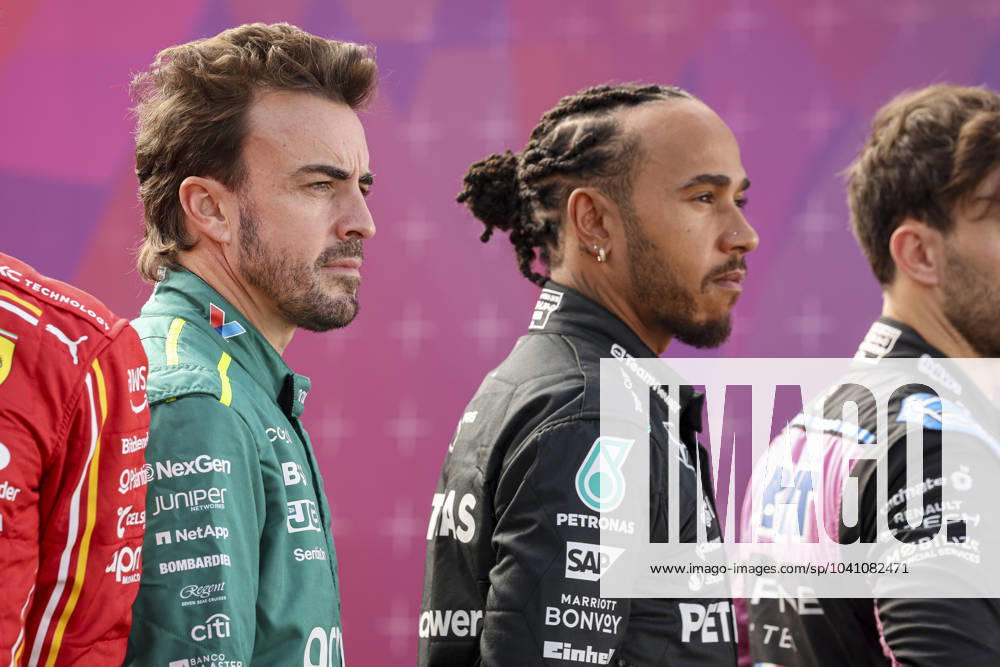 ALONSO Fernando spa , Aston Martin F1 Team AMR24 and HAMILTON Lewis gbr , Mercedes AMG F1 Team W15, portrait during the Formula 1 Aramco pre season testing 2024 of the 2024 FIA Formula One World Championship from February 21 to 23, 2024 on the Bahrain International Circuit, in Sakhir, Bahrain Photo Florent Gooden DPPI F1 Pre season Testing in Bahrain at Bahrain International Circuit on February 22, 2024 in Sakhir, Bahrain Photo by HOCH ZWEI Sakhir Sakhir Bahrain Bahrain