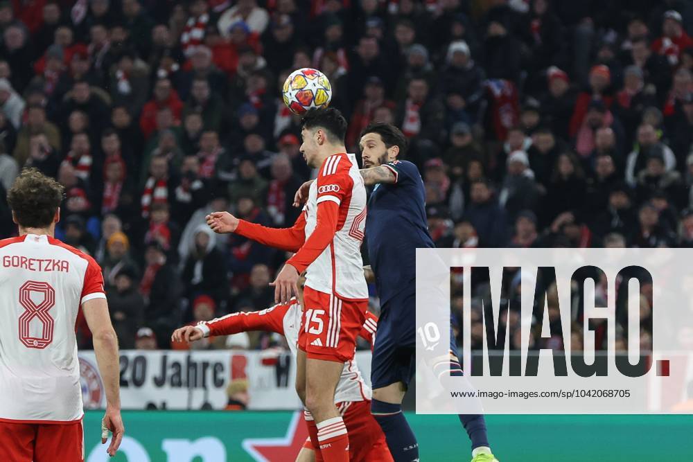 In duel, action, with Alexandar Pavlovic 45 FC Bayern Muenchen , Luis Alberto 10 Lazio Rome , FC Bayern Muenchen vs S S Lazio Rome, Champions League, Football, Round of 16, second leg, 05 03 2024 Muenchen Bayern Germany