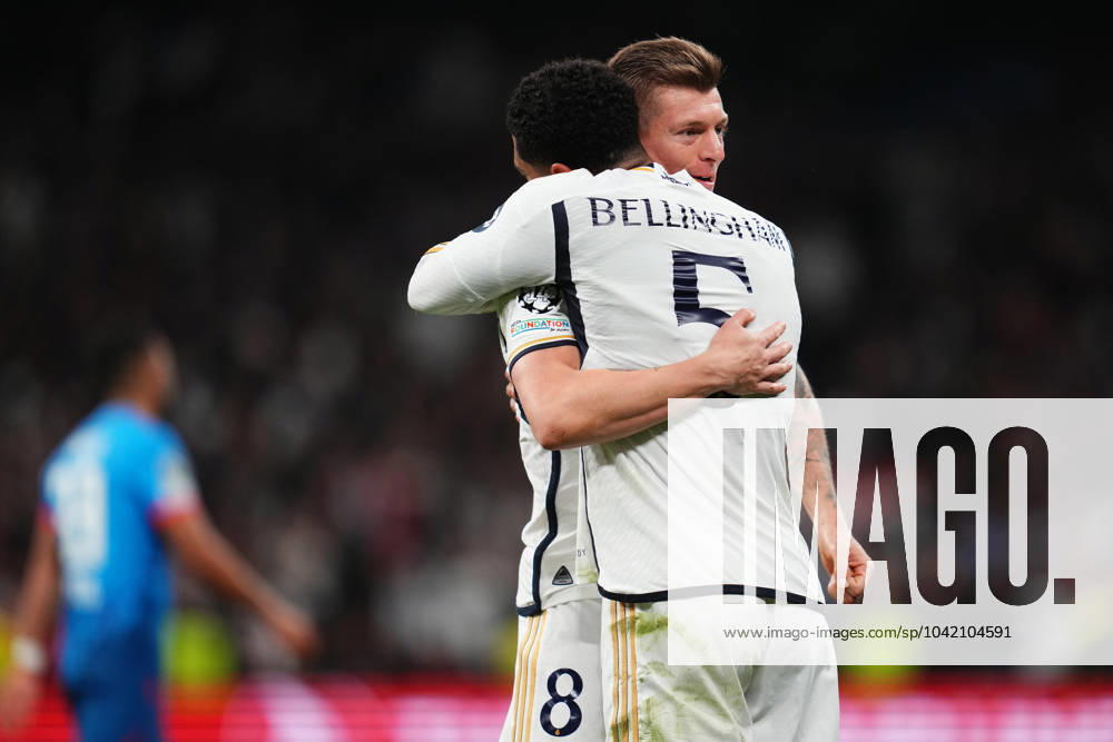 ESP: Real Madrid v RB Leipzig. UEFA Champions League match. Round of 16. Jude Bellingham of Real Madrid celebrates with Toni Kroos the 1-0 scored by his teammate Vinicius Juniorduring the UEFA Champions League match, Round of 16, second leg, between Real Madrid and RB Leipzig played at Santiago Bernabeu Stadium on March 6, 2023 in Madrid Spain. kpng