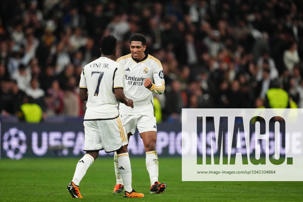 ESP: Real Madrid v RB Leipzig. UEFA Champions League match. Round of 16. Jude Bellingham of Real Madrid celebrates the 1-0 scored by his teammate Vinicius Juniorduring the UEFA Champions League match, Round of 16, second leg, between Real Madrid and RB Leipzig played at Santiago Bernabeu Stadium on March 6, 2023 in Madrid Spain. kpng