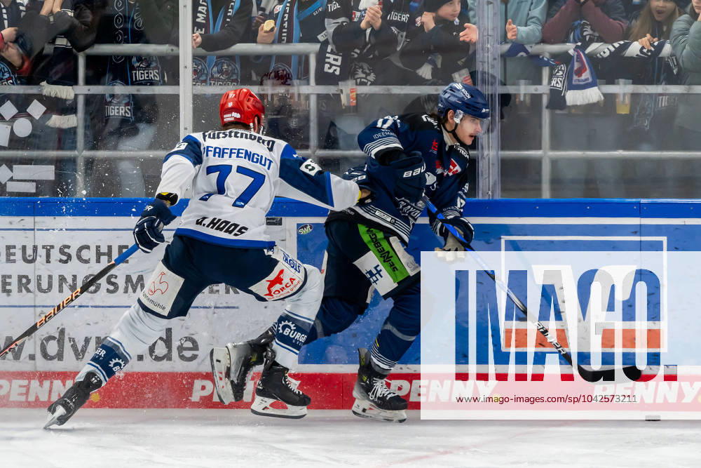 Fight for the puck duel between Daniel Pfaffengut Schwenninger Wild Wings, 77 and Adrian Klein Straubing Tigers, 17 Straubing Tigers vs Schwenninger Wild Wings, Ice Hockey, DEL, Playoffs Quarterfinals Game 1, 2023 2024 Season, 16 03 2024 Straubing Tigers vs Schwenninger Wild Wings, Ice Hockey, DEL, Playoffs Quarterfinals Game 1, 2023 2024 Season, 16 03 2024 Straubing