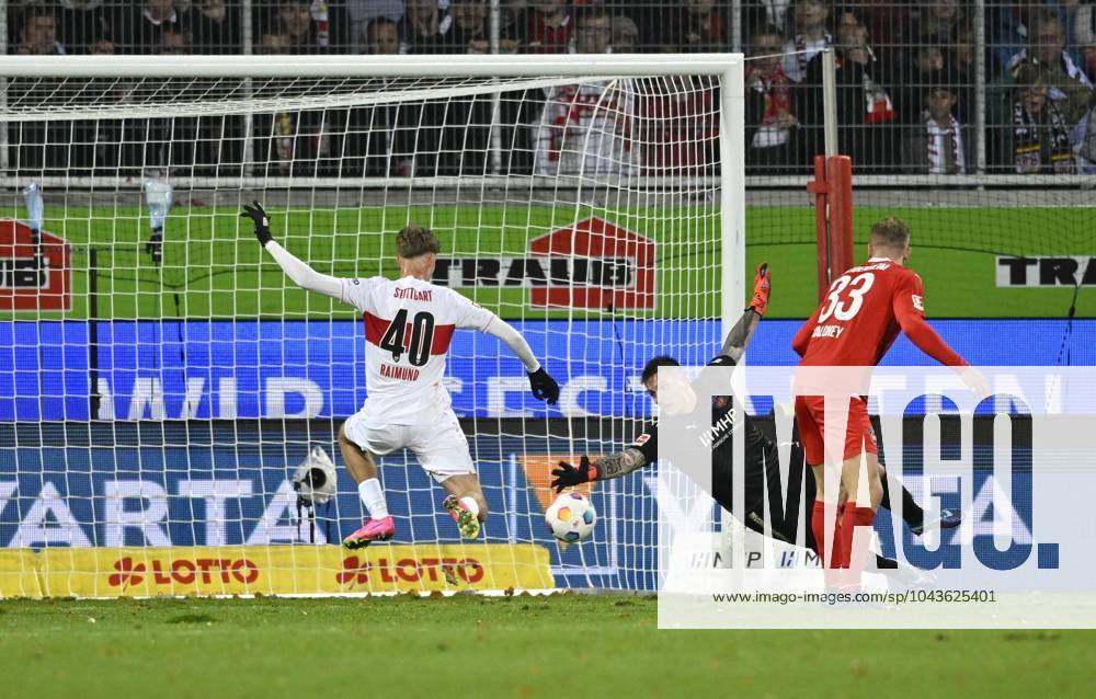 Penalty area scene, Goal area scene, Goal kick, Action, Goal chance, Luca Joachim Raimund VfB Stuttgart 40 against Goalkeeper Kevin Miller 1 FC Heidenheim 1846 FCH 01 and Lennard Maloney 1 FC Heidenheim 1846 FCH 33 Voith Arena, Heidenheim, Bathing Württemberg, Germany, Europe
