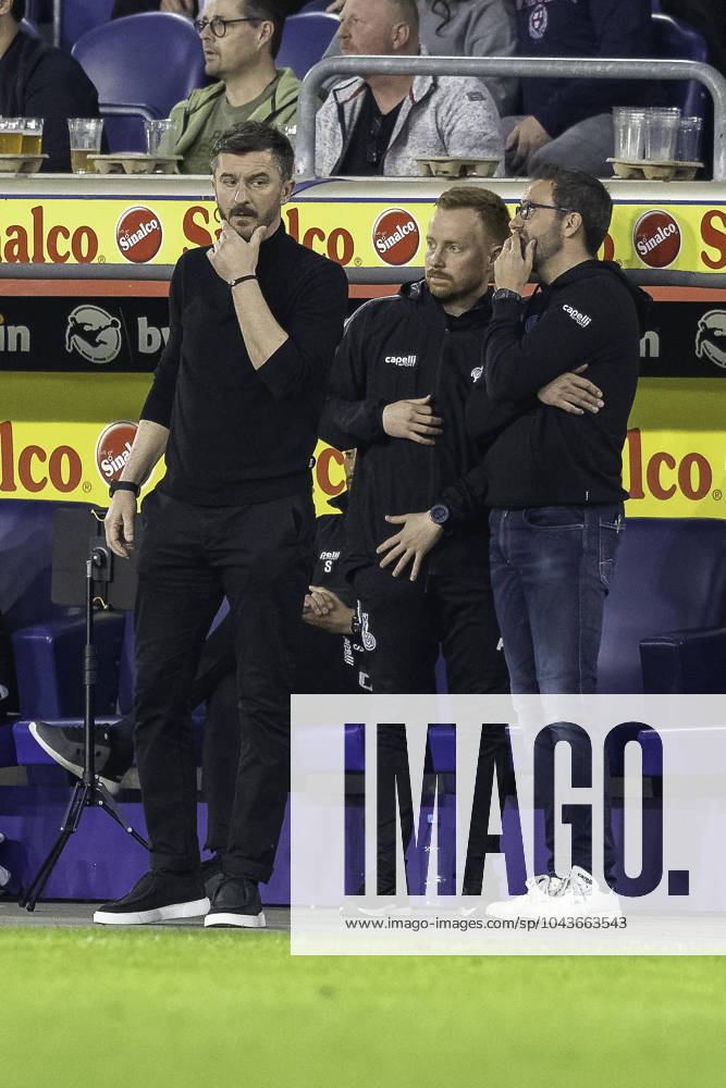Football 3 Liga, Season 2023 2024, 33 Matchday, MSV Duisburg SV Waldhof Mannheim on 12 04 2024 in the Schauinsland Reisen Arena in Duisburg Consultation with the Duisburgers Branimir Bajic MSV Duisburg, Head of Licensed Team , Philipp Klug MSV Duisburg, Co-Coach and Boris Schommers MSV Duisburg, Coach Important note In accordance with the regulations of the DFL German Football League and the DFB German Football Association, it is prohibited to utilize or have utilized photographs taken in the stadium or of the match in the form of sequential images or video-like photo series Foto Kirchner Media TH