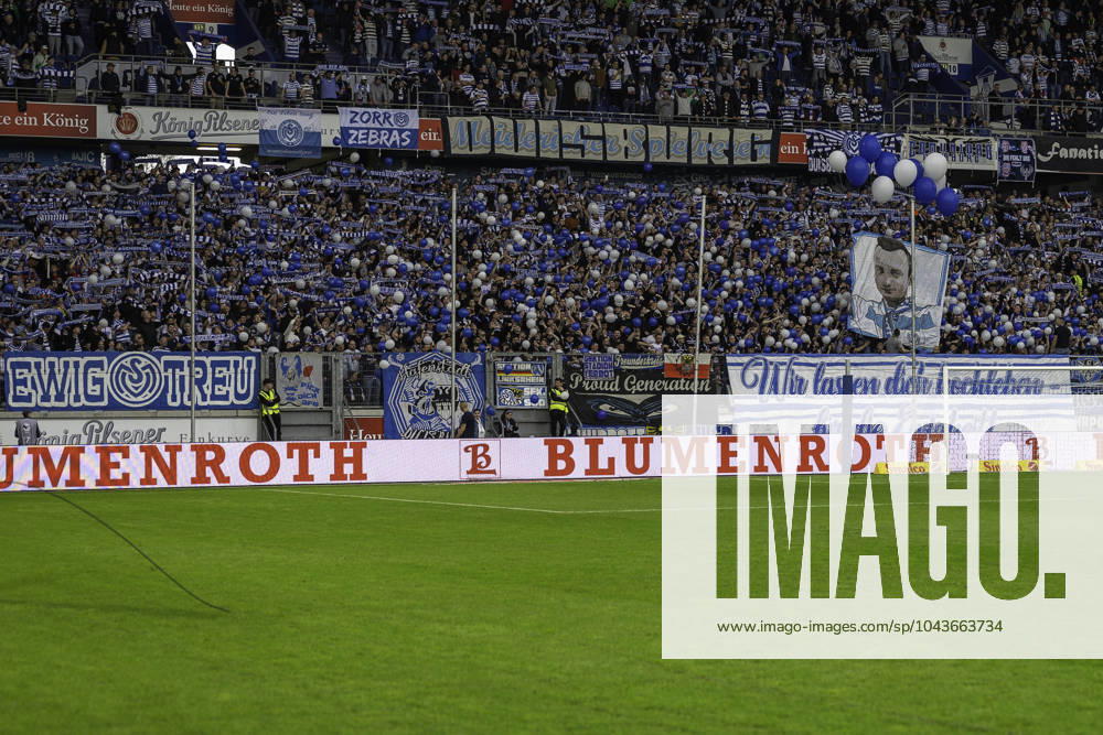 Football 3 Liga, Season 2023 2024, 33 Matchday, MSV Duisburg SV Waldhof Mannheim on 12 04 2024 in the Schauinsland Reisen Arena in Duisburg The Duisburg fans still stand behind their club and sing the club song Important note According to the regulations of the DFL German Football League or the DFB German Football Association, it is prohibited to use or have used photographs taken in the stadium and or from the match in the form of sequential images and or video-like photo series Photo Kirchner Media TH