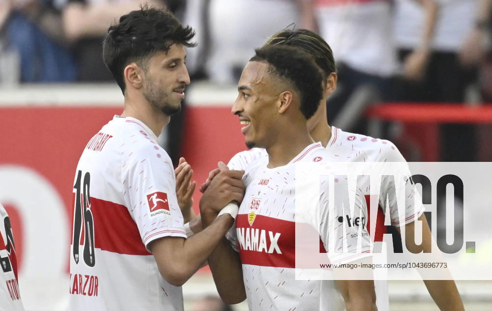 GOAL for 3 0 Jamie Leweling VfB Stuttgart 18 Goal celebration Atakan Karazor VfB Stuttgart 16 VfB Stuttgart vs Eintracht Frankfurt SGE 13 04 2024 DFL REGULATIONS PROHIBIT ANY USE OF PHOTOGRAPHS AS IMAGE SEQUENCES AND OR QUASI VIDEO VfB Stuttgart vs Eintracht Frankfurt SGE