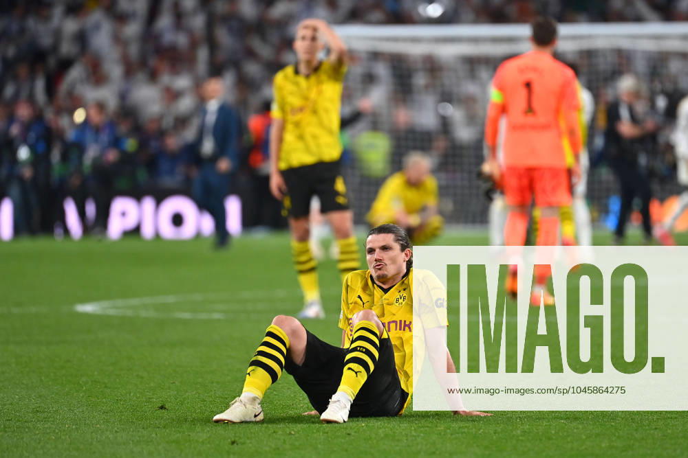 Marcel SABITZER Borussia Dortmund after the end of the match,sitting on the grass,disappointment,frustration,disappointed,frustrated,dejected,action,single action,single image,cropped image,full body shot,whole figure Football UEFA Champions League Final Borussia Dortmund Real Madrid 0 2 on 01 06 2024, Wembley Stadium London