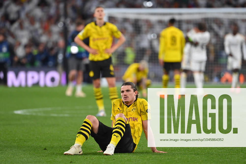 Marcel SABITZER Borussia Dortmund after the end of the match,sitting on the grass,disappointment,frustration,disappointed,frustrated,dejected,action,single action,single image,cropped image,full body shot,whole figure Football UEFA Champions League Final Borussia Dortmund Real Madrid 0 2 on 01 06 2024, Wembley Stadium London