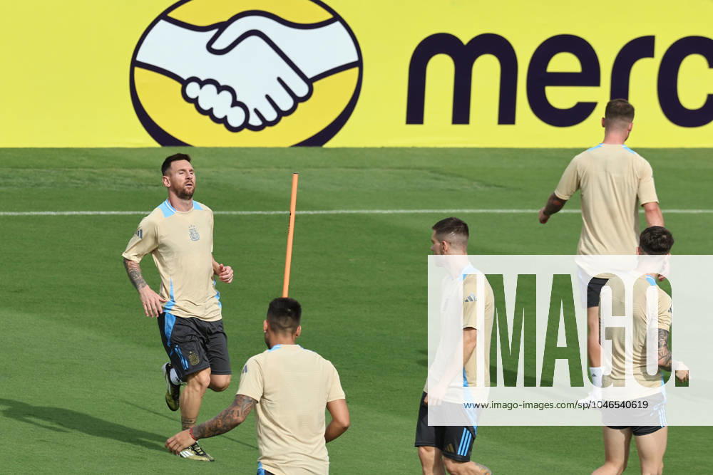 Argentina s forward Lionel Messi L and teammates during a training session ahead the match against Canada for the Copa America USA 2024, group A, group stage, at Kennesaw University Sports Field, near Atlanta city, on June 19, 2024 KENNESAW UNITED STATES