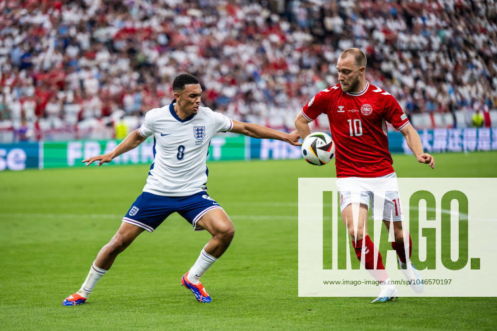 Trent Alexander Arnold of England and Christian Eriksen of Denmark during the UEFA Euro 2024 Football Championship match between Denmark and England on June 20, 2024 in Frankfurt Photo Mathias Bergeld BILDBYRAN code MB MB0939 fotboll football soccer fotballs em europamästerskap em uefa euro uefa european football championship euro 2024 danmark denmark england bbeng