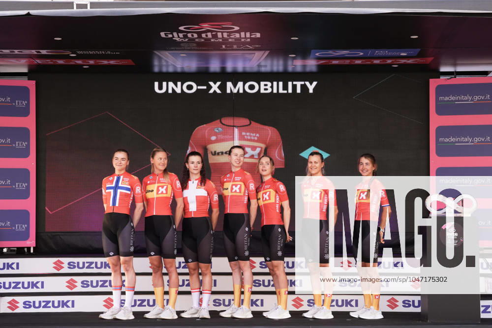 Uno-X-Mobility team during the team presentation ahead of the Giro dItalia Women cycling race in Brescia. The race starts on Sunday, July 7, with the first stage Tudor ITT over 15,7km, from Brescia to Brescia , North west Italy - Saturday, July 6, 2024. - cycling .