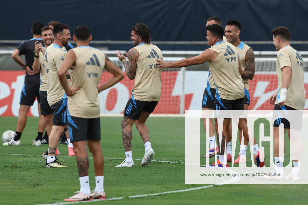 Argentinas forward Lionel Messi L and teammates take part in a training session ahead the match against Colombia for the Copa America USA 2024 final match, at Florida International University FIU , Miami, on July 11 2024 MIAMI UNITED STATES