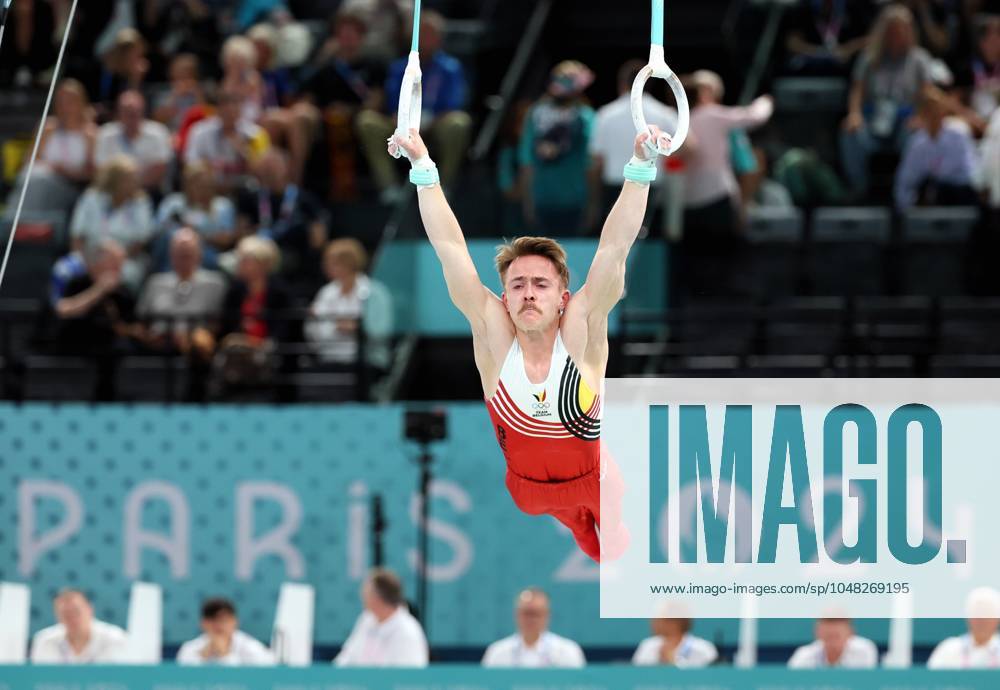 Belgian gymnast Glen Cuyle pictured during a warming up ahead of the men s rings final of the gymnastics competition at the Paris 2024 Olympic Games, Olympische Spiele, Olympia, OS on Sunday 04 August 2024 in Paris, France. The Games of the XXXIII Olympiad are taking place in Paris from 26 July to 11 August. The Belgian delegation counts 165 athletes competing in 21 sports. BENOITxDOPPAGNE x97774948x