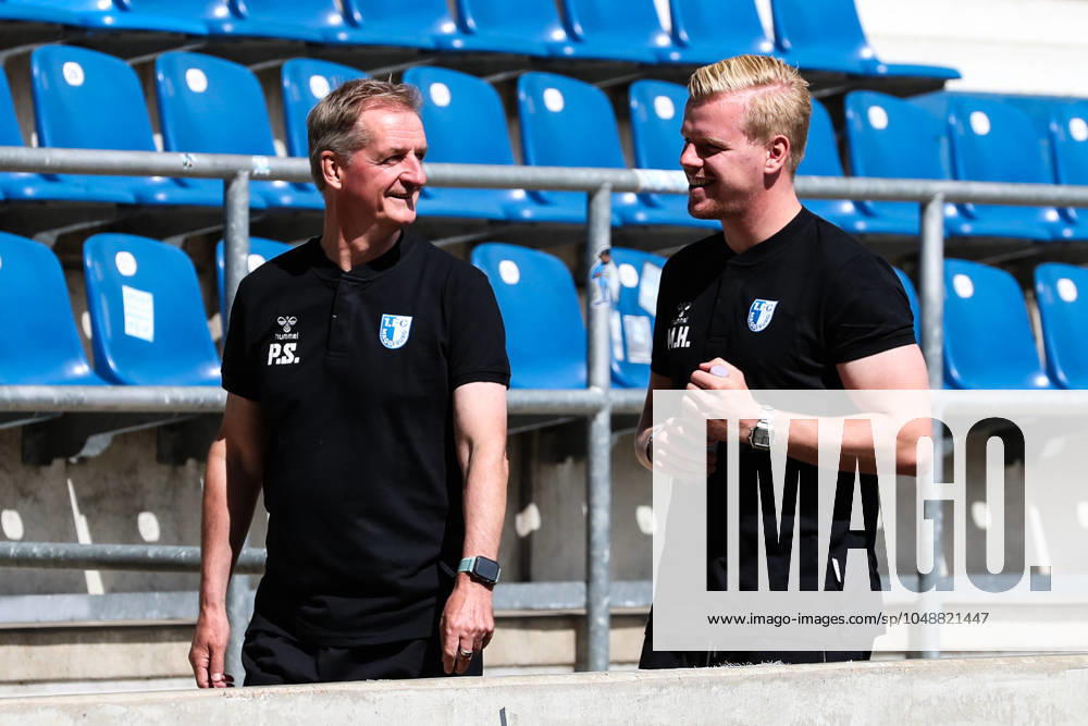 Coach Petrik Sander 1 FC Magdeburg and goalkeeper coordinator Maximilian Heidel 1 FC Magdeburg Football NOFV Oberliga Süd portrait appointment 2023 2024 official photo session 1 FC Magdeburg U23 at the MDCC Arena in Magdeburg Germany, Football, Men, GER, 26 07 2023 Christian Schroedter