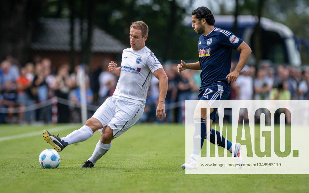 Soccer, Season 2024 2025, Niederrheinpokal 20 08 2023, 01 Round, Men, BW Dingden white vs MSV Duisburg black v l Andre Bugla BW Dingden , Mert Goeckan MSV Duisburg , Hamminkeln Sportanlage BW Dingden Nordrhein Westfalen Germany 240820_fb_bw-dingden_msv-duisburg_32304