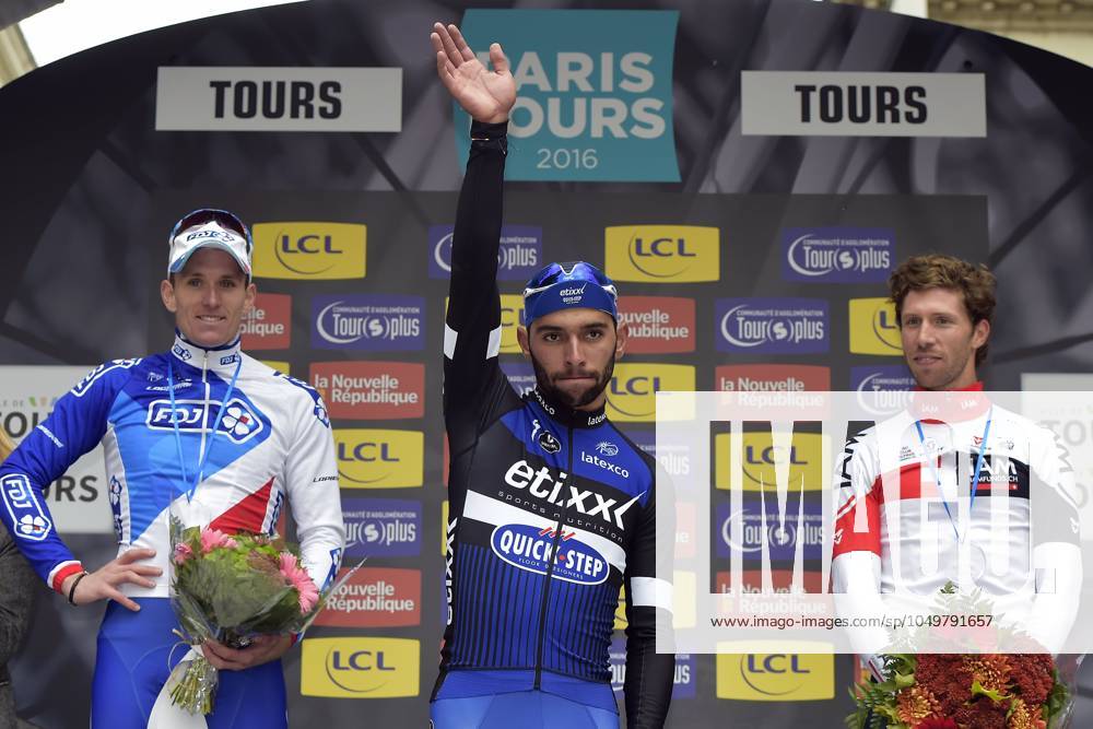 Paris-Tours 2016 cycling race TOURS, FRANCE - OCTOBER 9 : winner GAVIRIA RENDON Fernando (COL) Rider of ETIXX - QUICK STEP, second DEMARE Arnaud (FRA) Rider of FDJ and third VANGENECHTEN Jonas (BEL) Rider of IAM CYCLING pictured during the podium ceremony of the 110th edition of the Paris-Tours cycling race with start in Dreux and finish in Tours on October 09, 2016 in Tours, France, 9 10 2016 TOURS FRANCE