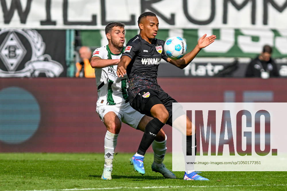 V li in duel Joe Scally Moenchengladbach 29 14 09 2024 Soccer Borussia Mönchengladbach vs VfB Stuttgart, Borussia Park, Moenchengladbach, DFB DFL REGULATIONS PROHIBIT ANY USE OF PHOTOGRAPHS AS IMAGE SEQUENCES AND OR QUASI VIDEO NRW Germany