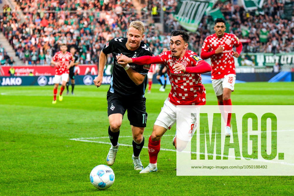 Marco Gruell SV Werder Bremen, 17 in duel with Paul Nebel 1 FSV Mainz 05, 08 , GER, 1 FSV Mainz 05 vs SV Werder Bremen, Soccer, 1 Bundesliga, Matchday 3, Season 2024 2025, 15 09 2024 GER, 1 FSV Mainz 05 vs SV Werder Bremen, Football, 1 Bundesliga, Matchday 3, Season 2024 2025, 15 09 2024 Mainz