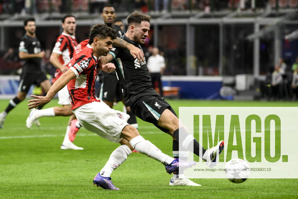 Christian Pulisic of AC Milan scores the goal of 1-0 during the UEFA Champions League 2024 205 football match between AC Milan and Liverpool FC at San Siro stadium in Milano (Italy), September 17, 2024. AndreaxStaccioli