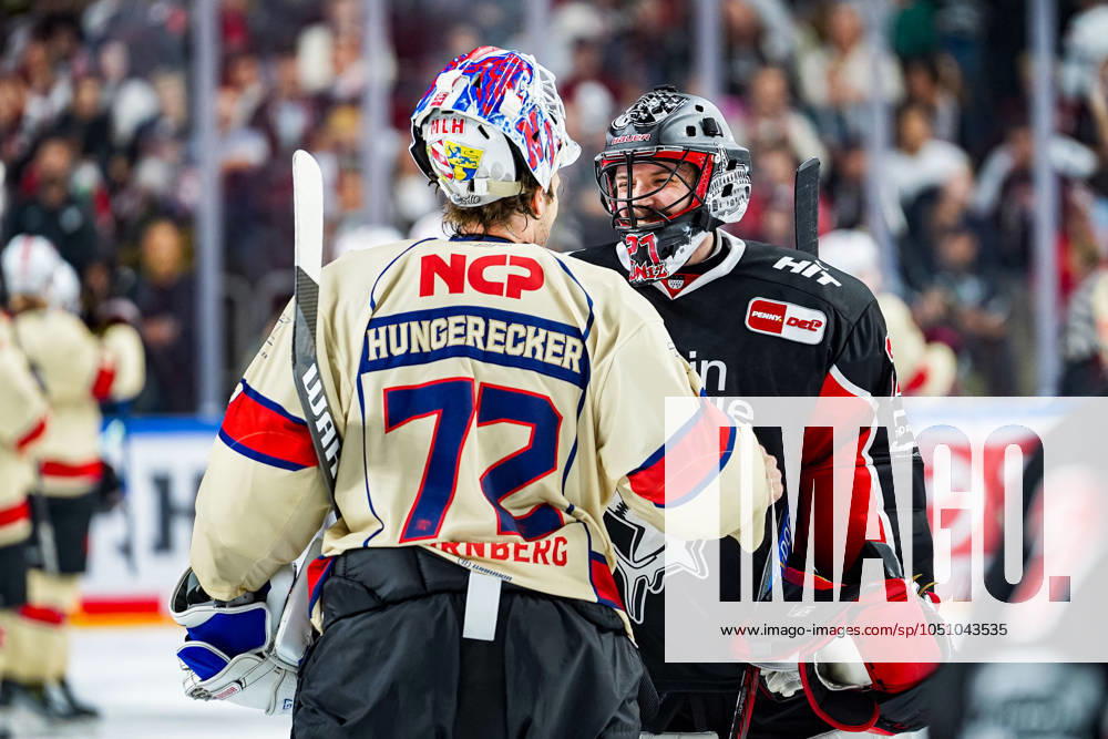 Ice Hockey Penny DEL 3 Matchday Cologne Sharks Nuremberg Ice Tigers on 27 09 2024 at the Lanxess Arena in Cologne Leon Hungerecker Nuremberg , left and Niklas Lunemann Cologne , right high-five each other after the game According to the regulations of the DEL German Ice Hockey League, the publication and further use of the recordings in electronic media and end devices of all kinds during the ongoing game is not permitted