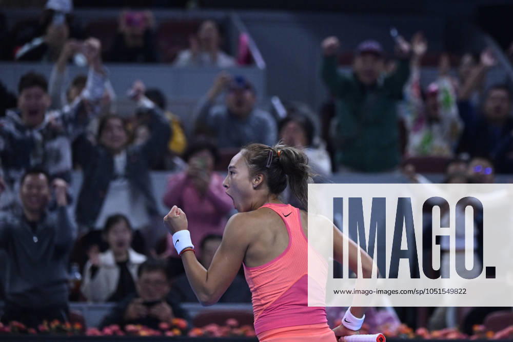 (241005) -- BEIJING, Oct. 5, 2024 -- Zheng Qinwen celebrates victory after the women s singles quarterfinal match between Zheng Qinwen of China and Mirra Andreeva of Russia at the 2024 China Open tennis tournament in Beijing, China, Oct. 4, 2024. ) XINHUA PHOTOS OF THE DAY ZhangxLong
